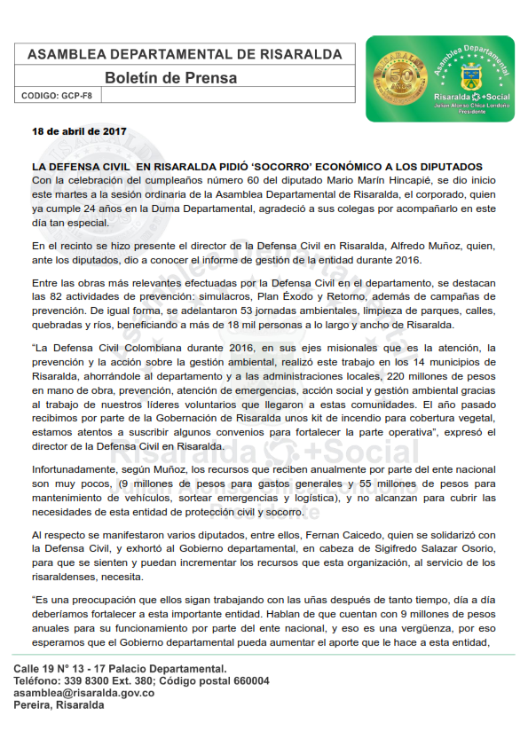 Boletín Asamblea de Risaralda 18 de abril de 2017 001