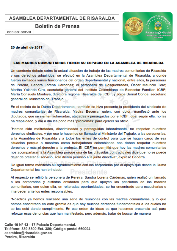 Boletín Asamblea de Risaralda 20 de abril de 2017 001