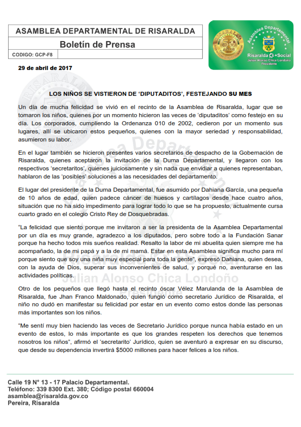 Boletín Asamblea de Risaralda 29 de abril de 2017 001