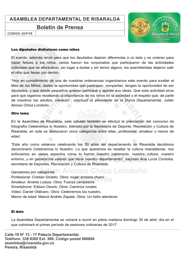 Boletín Asamblea de Risaralda 29 de abril de 2017 002