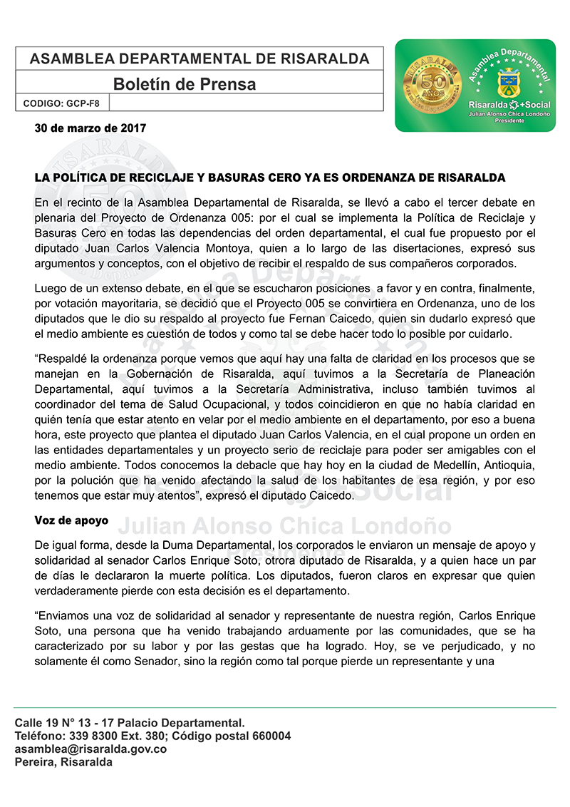 Boletín Asamblea de Risaralda 30 de marzo de 2017 001